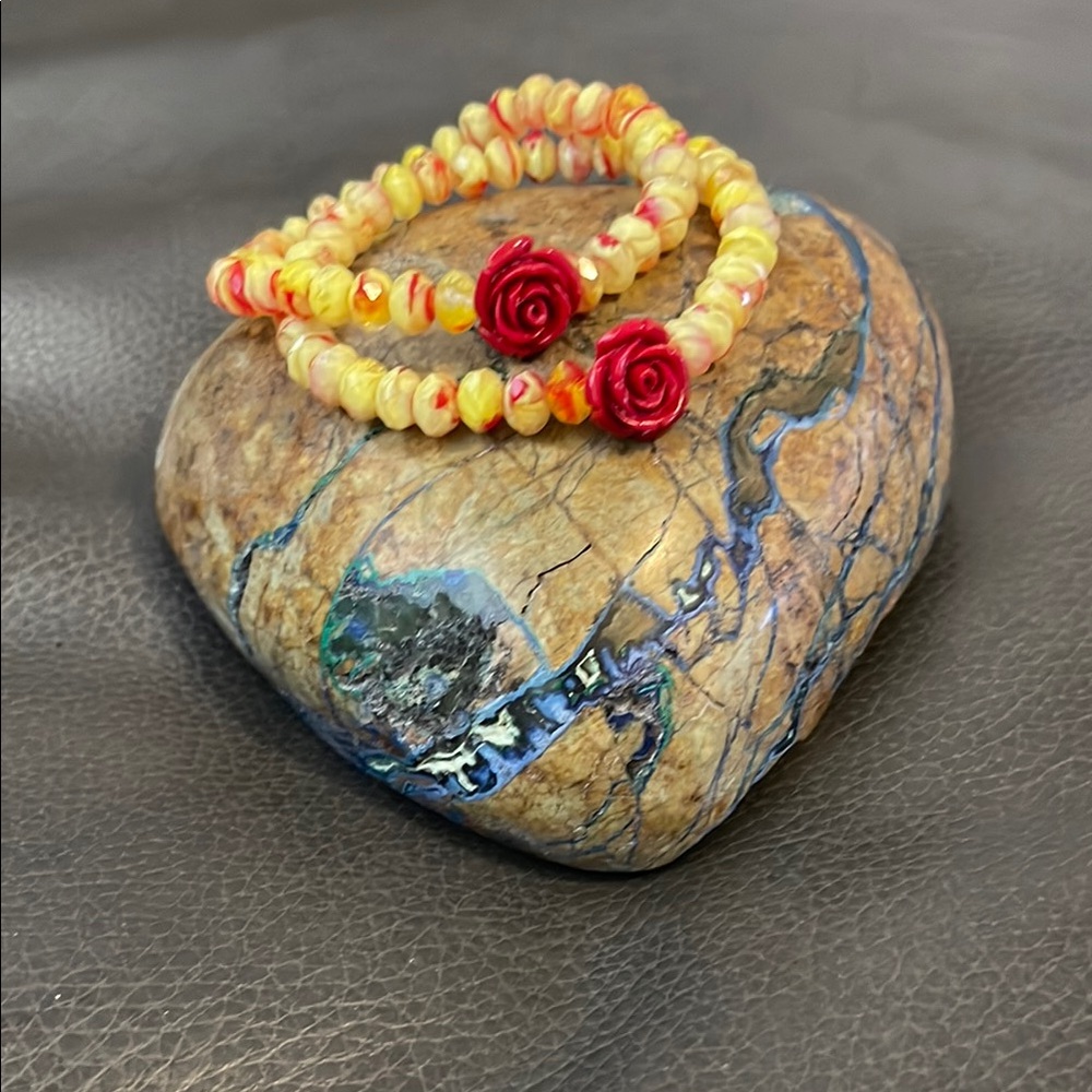 Yellow and Red Beaded Bracelet with Rose Accents 🌺